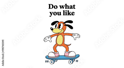 A cartoon dog wearing roller skates rides a skateboard outdoors with a carefree expression.