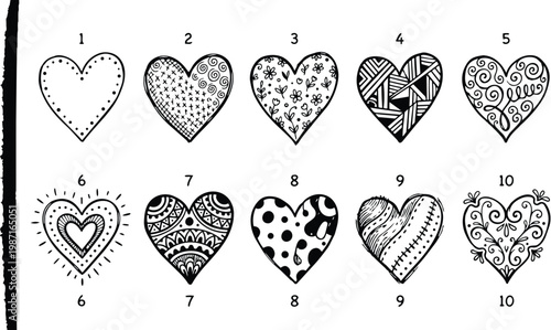 Hand drawn vector coloring book page close up ten decorative heart designs numbered top view for children adults simple outline art black ink printable high resolution