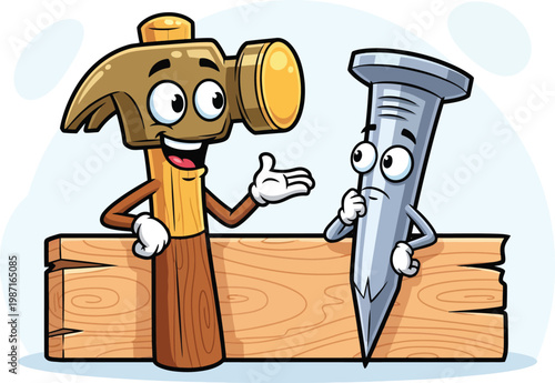 Cartoon hammer and nail characters, funny construction tool mascots with wooden plank, friendly hardware store vector illustration
