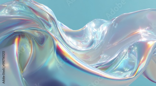 Abstract Iridescent Fluid Surface Reflecting Rainbow Colors Under Soft Light Against A Cyan Background Creating A Dreamy Ethereal Atmosphere