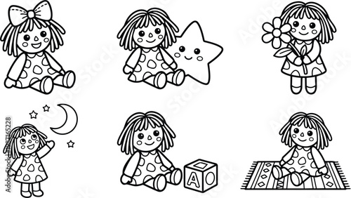 Coloring book style vector set of six rag doll illustrations sitting holding star flower block on rug moon and stars line art suitable for coloring books
