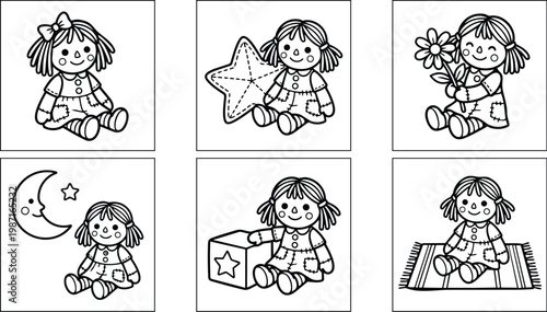 Cute rag doll coloring book vector art close up sitting with flower star moon block and rug simple line art for kids activity page printable playtime