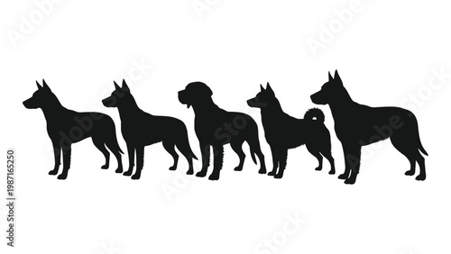 Silhouette of five dogs standing in a row varying in size and pose