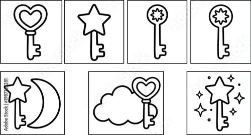 Vector coloring book icons set of heart and star keys moon cloud and magic wand in simple outline style large bold lines for kids activity pages