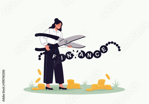 Financial cost cutting concept vector, woman using giant scissors to cut finance chain, budget reduction and debt management illustration