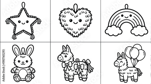 Cute kawaii party piata star heart rainbow bunny donkey and balloons set for coloring book pages simple bold outlines smiling faces close up vector illustration isolated