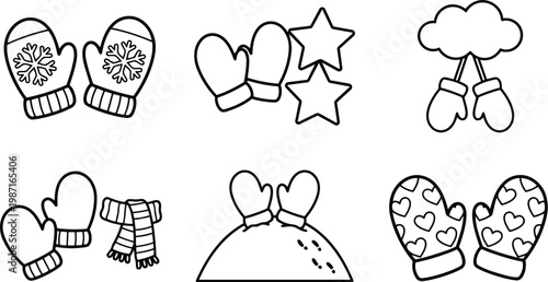 Simple line art coloring book mittens set showing six winter glove designs with stars hearts snowflake scarf hat close up front view vector bold outlines