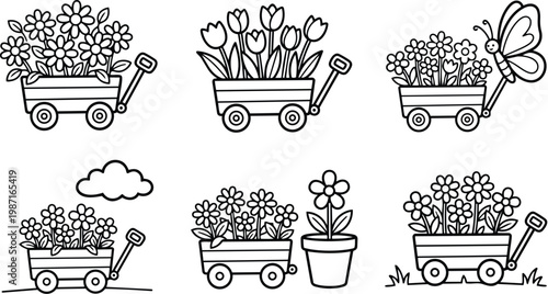 Cute line art vector wagon with flowers and butterfly coloring book pages close up front view children garden scene simple outlines for coloring book printable designs
