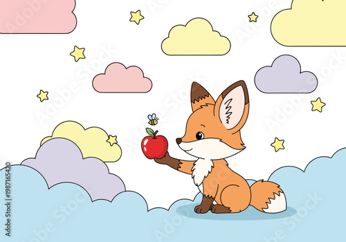 Cute cartoon fox holding a red apple, adorable forest animal character in a dreamlike sky with pastel clouds and stars, whimsical nursery vector illustration
