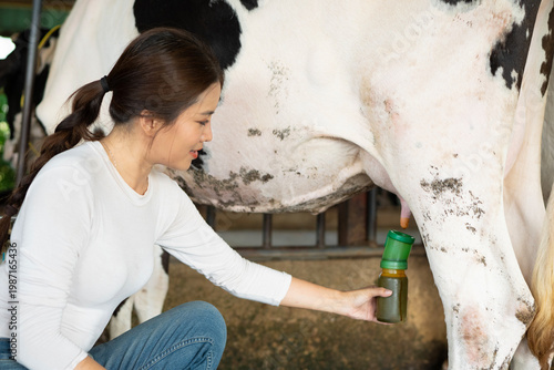 Foto woman farmer holding bottle with Povidone iodine on udder of cow for disinfectio