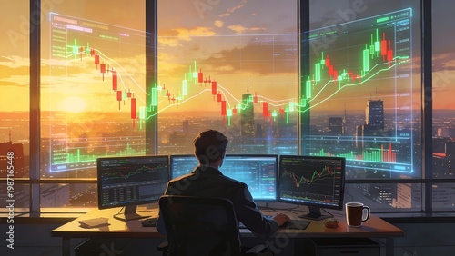 Generative Ai data analyst monitoring financial market fluctuations from a high-rise office