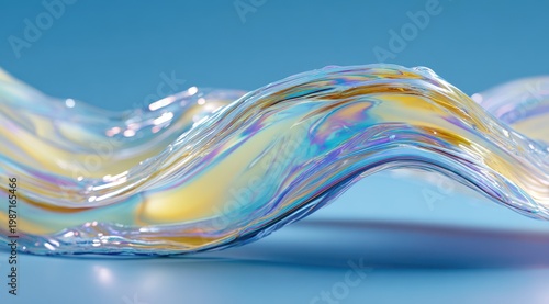 Abstract iridescent wave of flowing liquid material with shimmering highlights and rainbow colors against a clean blue background symbolizing fluidity and dynamic motion