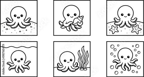 Cute octopus panel set for coloring books six square frames smiling holding shell sitting on sand undersea with seaweed starfish bubbles playful line art simple bold