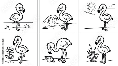 Vector line art set of six cute flamingo poses close up side views standing wading looking feeding on shells beach and grass scenes for coloring books