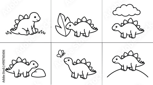 Cute stegosaurus coloring book panels six simple outline scenes close up side view various poses with leaf cloud rock butterfly minimalist vector art for kids friendly