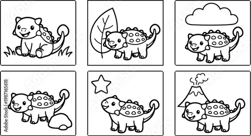 Cute dinosaur coloring book vector panels six scenes smiling ankylosaurus in outline style for kids front facing side view playful grass leaf cloud star volcano background