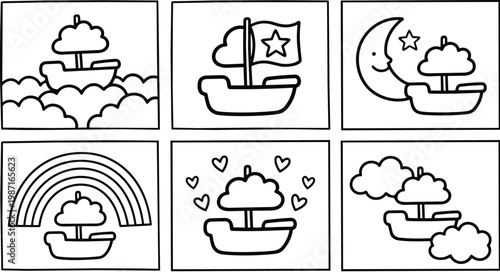 Vector coloring book panels showing six simple boat tree scenes with moon rainbow hearts clouds close up and flat line art for kids coloring friendly