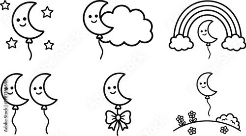 Coloring book friendly vector art cute crescent moon balloon characters with smiling faces in different poses beside stars clouds rainbow bow hill flowers simple line art
