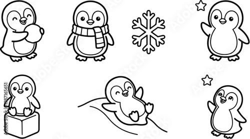 Cute penguin vector sheet multiple poses holding snowball wearing striped scarf sliding on ice sitting on block stars snowflake black playful outline suitable for coloring books
