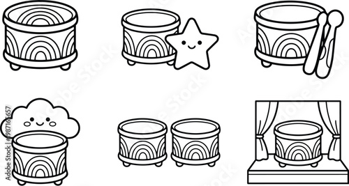 Cute drum set simple line art showing smiling star cloud stage and drumsticks suitable for coloring books bold black outlines and clean shapes vector single design