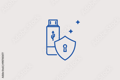 USB flash drive protected by a shield for secure data transfer and storage. Essential Vector Illustration and line icon is perfect for encrypted hardware and information privacy.