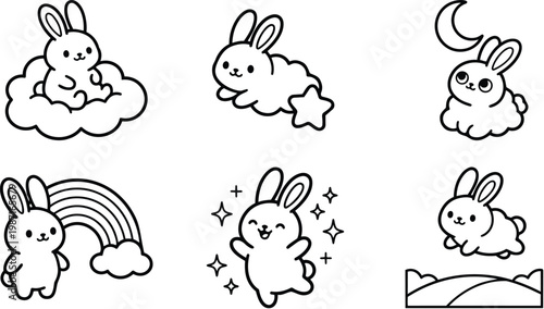 Cute kawaii bunny line art set various poses on clouds rainbow moon stars simple outlines for coloring book pages printable childrens crafts downloadable