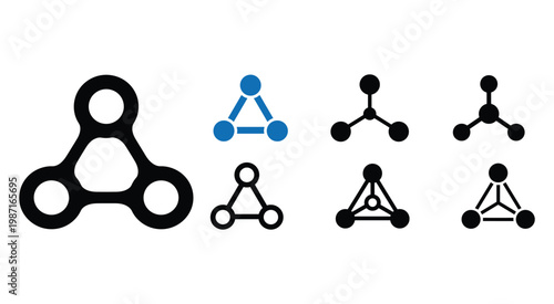 A collection of various minimalist vector icon designs representing interconnected nodes or atoms