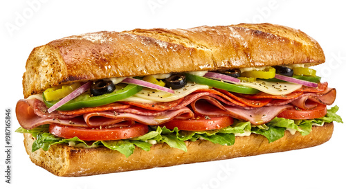 Subway-style sub sandwich isolated PNG, fresh deli sandwich with vegetables on transparent background for restaurant menu design