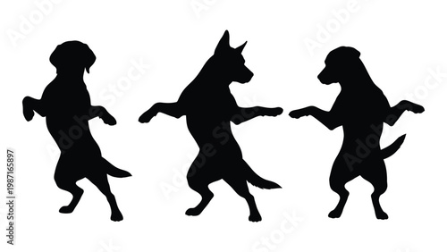Three dogs in playful upright poses depicted as black silhouettes against white