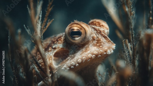 Octopus camouflaged among seaweed and stones in underwater photography, showcasing soft side lighting and textured shadows in muted earthy tones