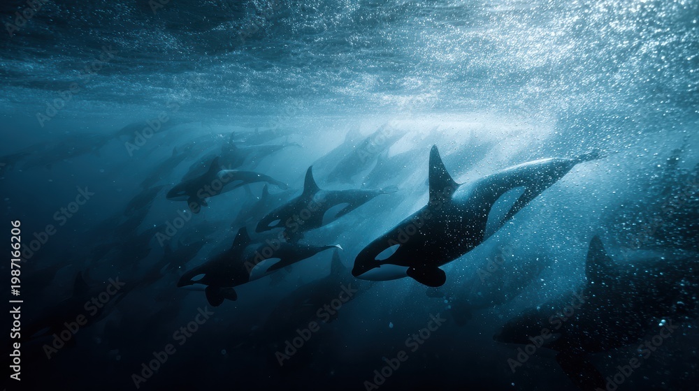 Naklejka premium Pod of orcas swimming beneath Arctic sea ice, illuminated by filtered blue daylight, showcasing dramatic underwater wildlife in a cool monochrome palette