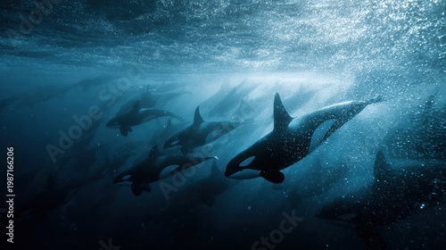 Pod of orcas swimming beneath Arctic sea ice, illuminated by filtered blue daylight, showcasing dramatic underwater wildlife in a cool monochrome palette