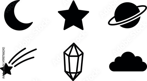Black silhouette moon star planet comet crystal and cloud vector art