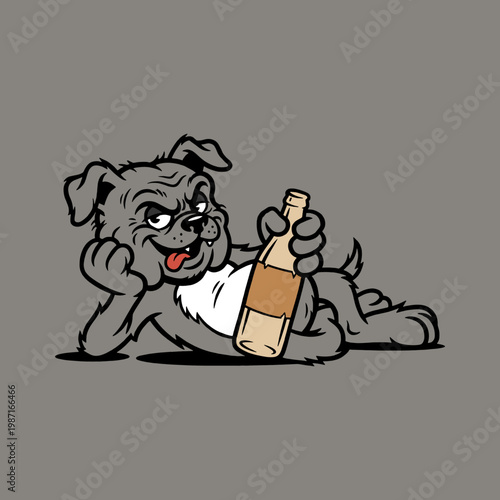 Cartoon bulldog lying down holding a bottle of beer