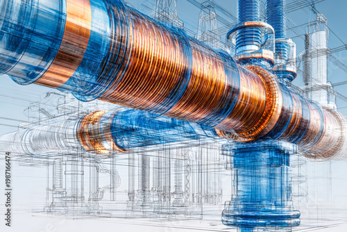 Workers connect various pipes and fittings in an industrial facility. The system shows intricate designs and vibrant colors, indicating active work processes