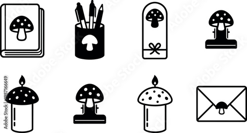 Black and white mushroom icons including book pen holder candle stamp and envelope