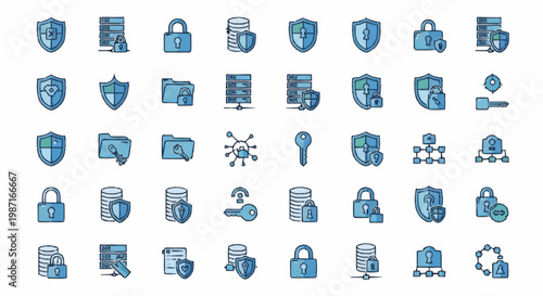 Collection of Cybersecurity Icons Representing Data Protection and Network Security.
