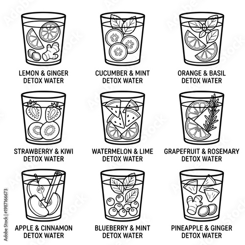 Collection of Detox Water Refreshing Fruit and Herb Infusions in Glasses.