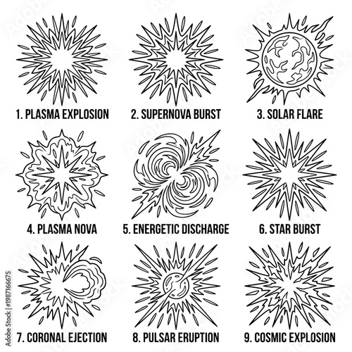 Collection of Cosmic Explosions and Celestial Events in Detailed Illustrations.