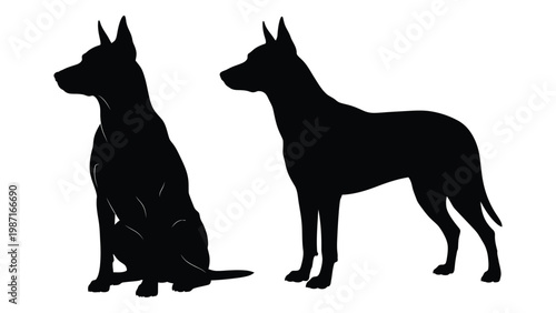 Silhouettes of two dogs one sitting and one standing in profile view