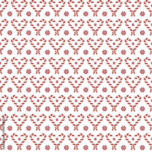 Seamless Christmas pattern with candy cane hearts and pet paw prints for holiday animal lovers on a transparent background