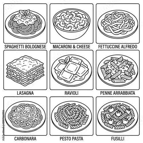 Delicious Pasta Dishes Spaghetti Macaroni Fettuccine Lasagna Ravioli Penne.