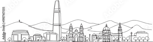 Continuous single line drawing of Santiago city skyline with mountains.