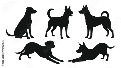 Silhouette collection of various dog breeds in different poses against a white background