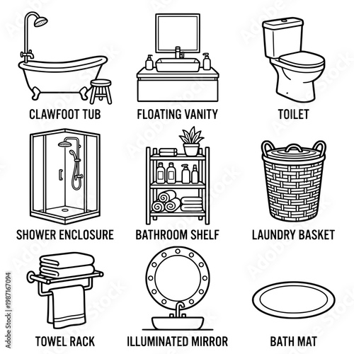 Elegant Bathroom Fixtures and Accessories in Monochrome Style.