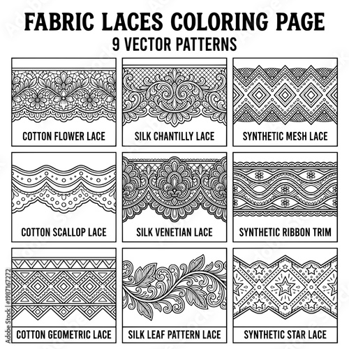 Intricate Fabric Lace Patterns for Coloring Book Pages.