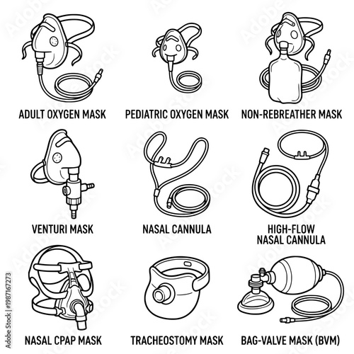 Medical Oxygen Masks and Respiratory Devices Collection in Detailed Illustration.
