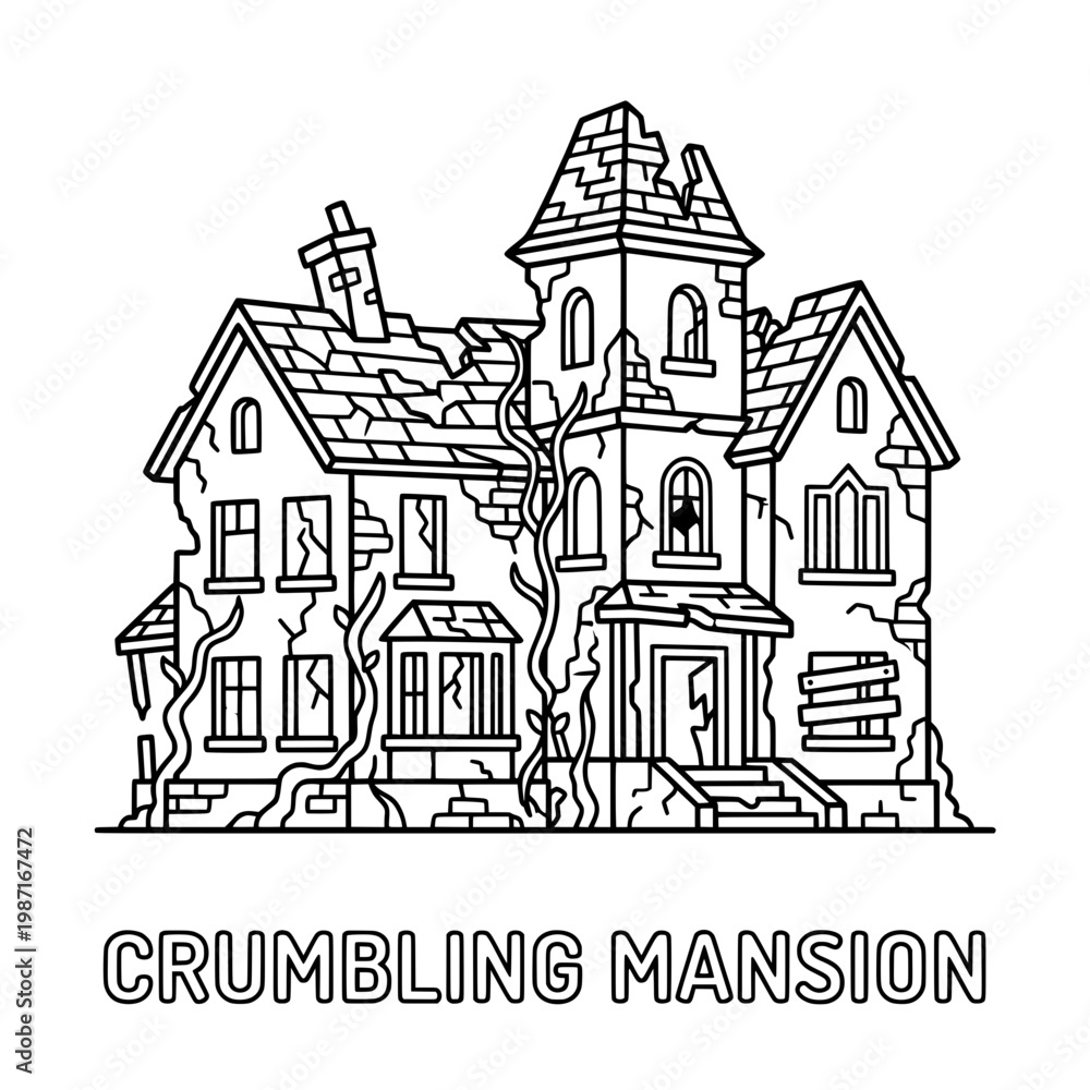 Fototapeta premium Spooky Crumbling Mansion Illustration with Creepy Windows and Decaying Roof.