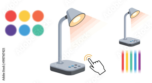 A colorful desk lamp with adjustable light settings and a wireless control system