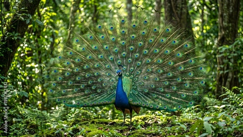 Detailed view of a peacock with open plumage standing in a sunny forest clearing